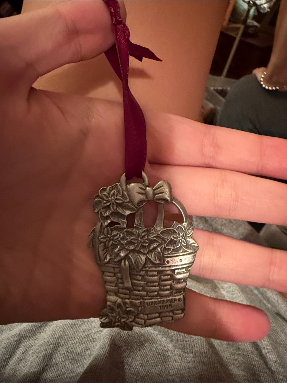 Longaberger Silver Basket Ornament with Burgundy Ribbon